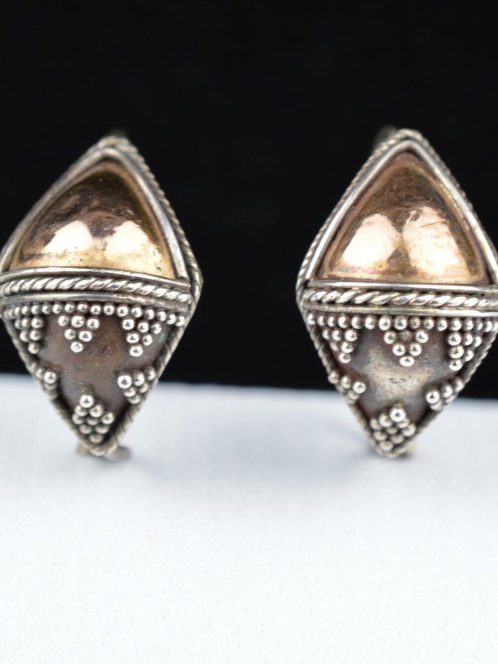 Vintage 925 Sterling Silver Shield Earrings Mixed Metal Brass Dome Granulated